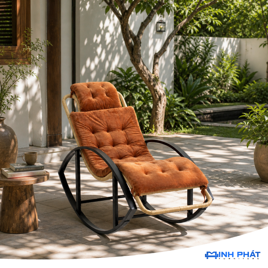Ghế bập bênh Tanky lưng đan thủ công thiết kế cổ điển, ghế bập bênh người già, ghế bập bênh Minh Phát, ghế ban công