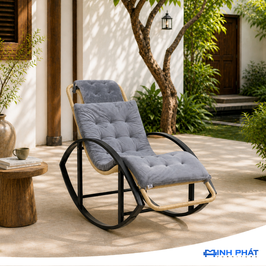 Ghế bập bênh Tanky lưng đan thủ công thiết kế cổ điển, ghế bập bênh người già, ghế bập bênh Minh Phát, ghế ban công