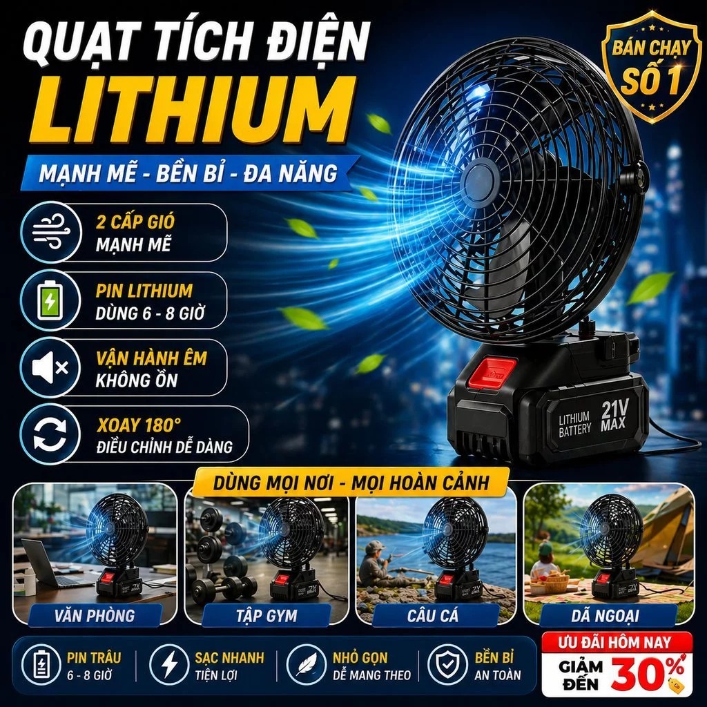 Quạt tích điện lồng sắt công suất lớn, quạt sạc tích điện sử dụng chân pin, hoạt động liên tục 4-6h