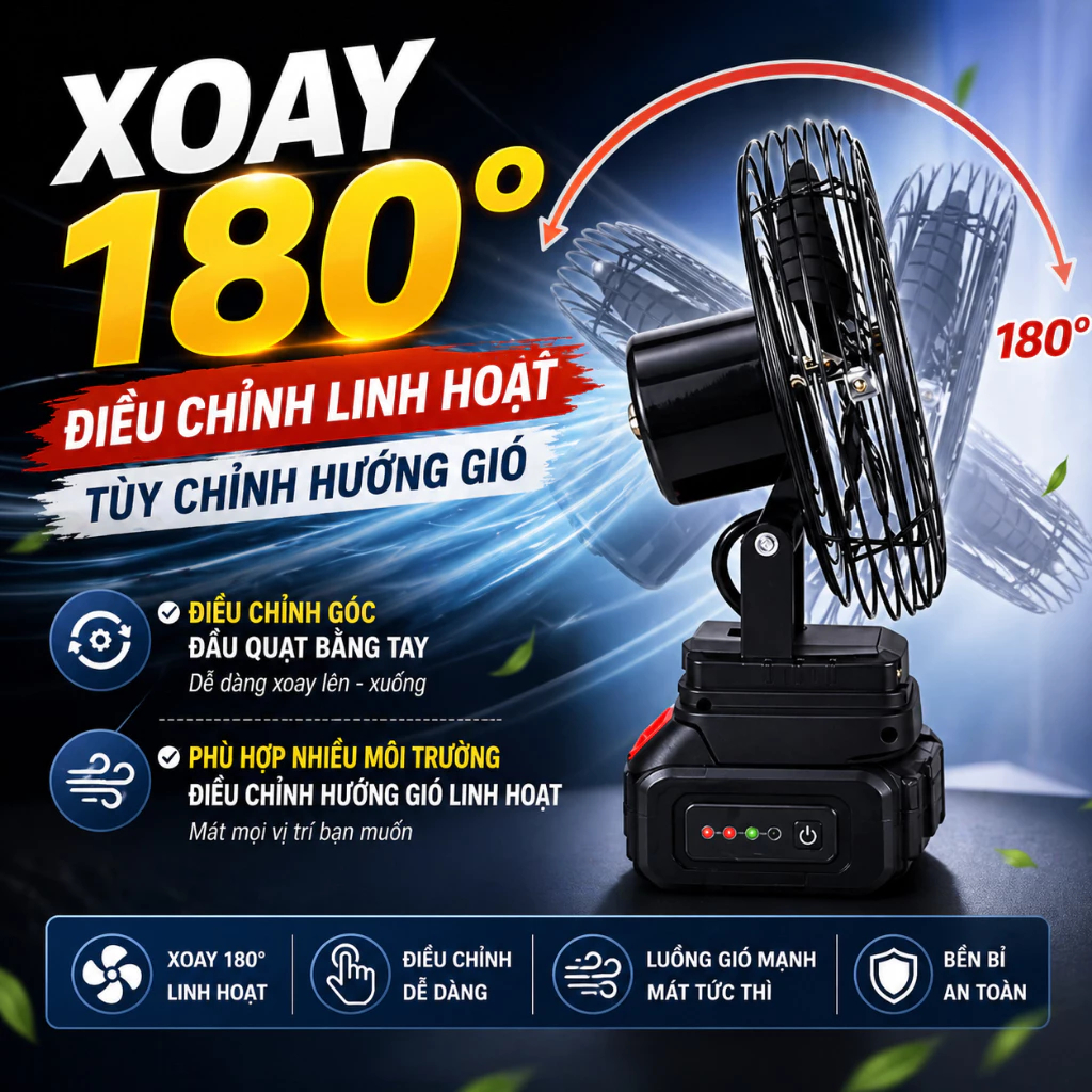 Quạt tích điện lồng sắt công suất lớn, quạt sạc tích điện sử dụng chân pin, hoạt động liên tục 4-6h