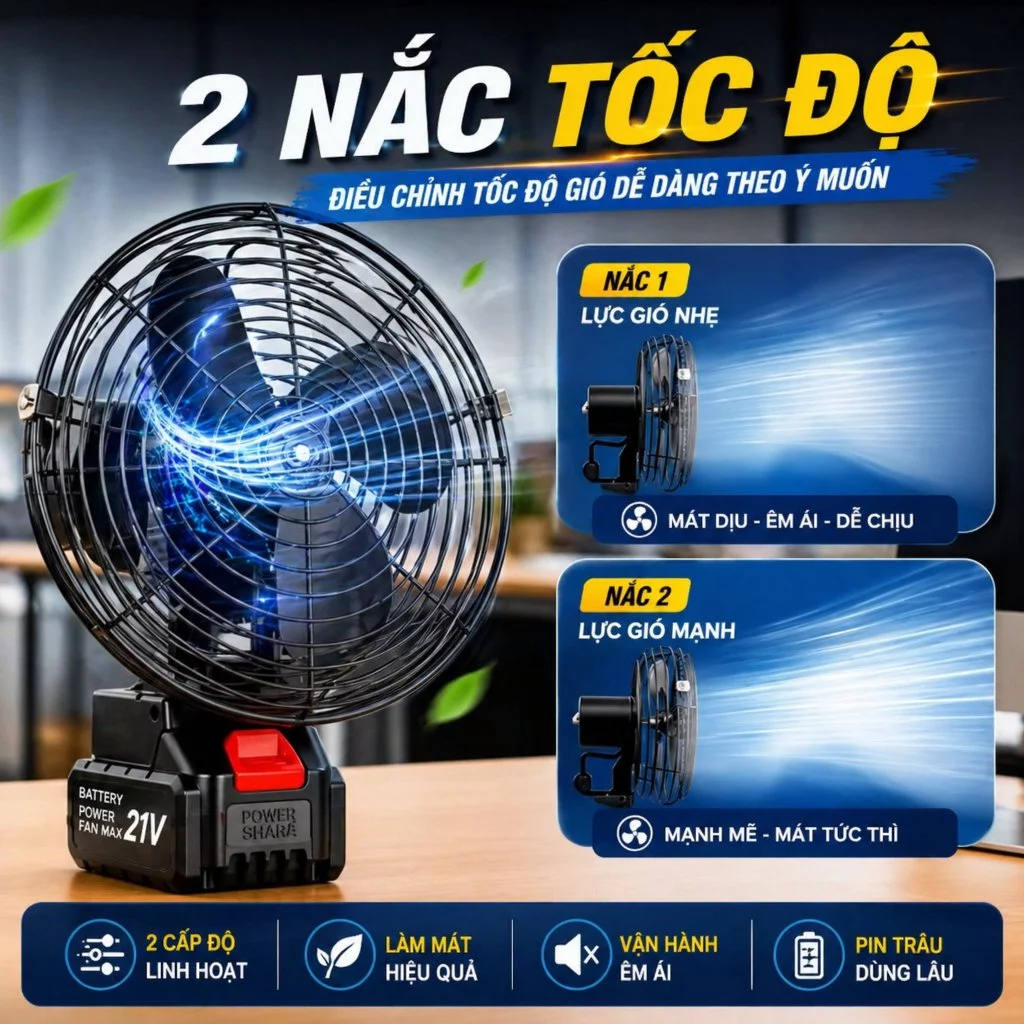 Quạt tích điện lồng sắt công suất lớn, quạt sạc tích điện sử dụng chân pin, hoạt động liên tục 4-6h