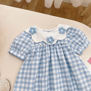 [8-26kg] Váy Cộc Tay Cổ Đính 3 Hoa Chất Thô Lụa Đơn Giản Cho Bé Mặc Đi Học, Đi Chơi,....
