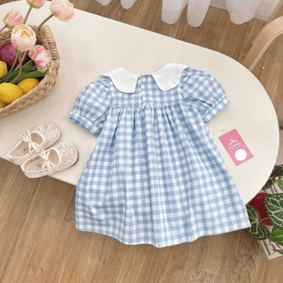 [8-26kg] Váy Cộc Tay Cổ Đính 3 Hoa Chất Thô Lụa Đơn Giản Cho Bé Mặc Đi Học, Đi Chơi,....