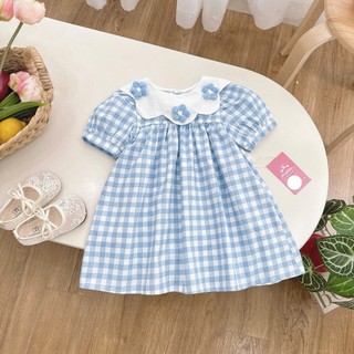 [8-26kg] Váy Cộc Tay Cổ Đính 3 Hoa Chất Thô Lụa Đơn Giản Cho Bé Mặc Đi Học, Đi Chơi,....