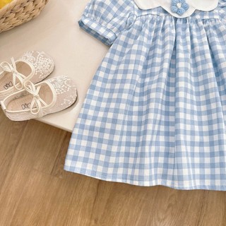 [8-26kg] Váy Cộc Tay Cổ Đính 3 Hoa Chất Thô Lụa Đơn Giản Cho Bé Mặc Đi Học, Đi Chơi,....