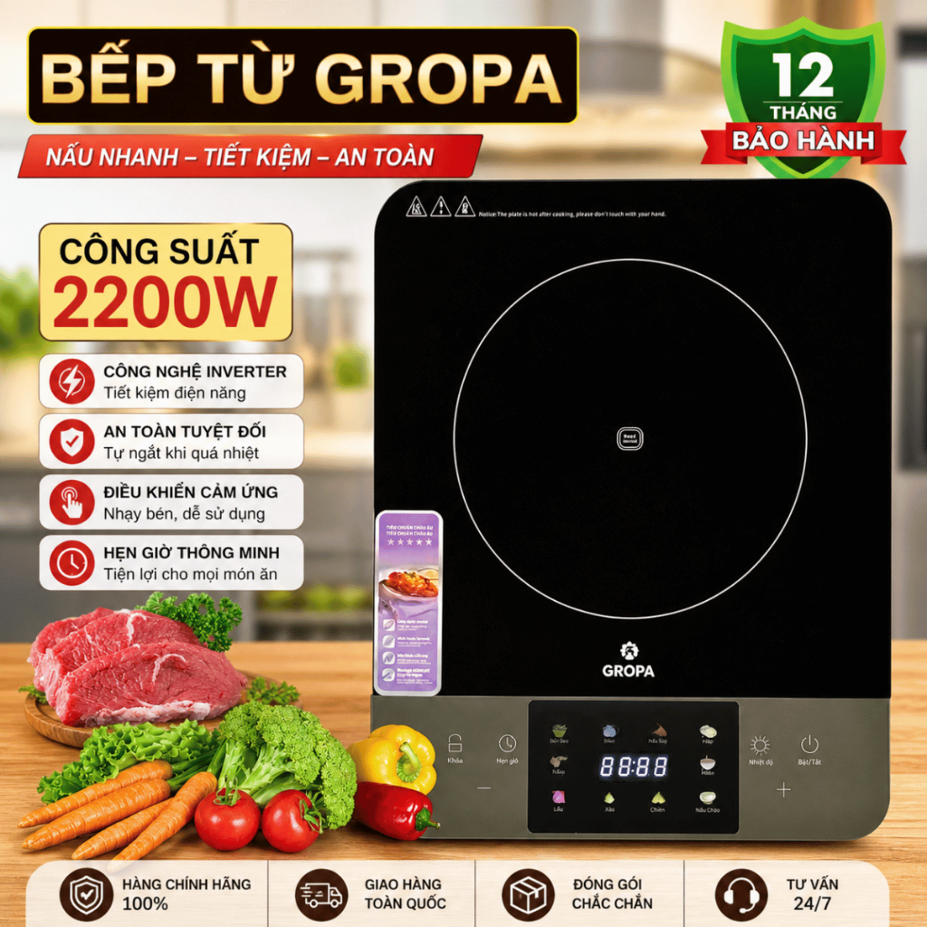 Bếp từ Gropa G2-609 chính hãng, bếp điện từ công suất lớn 2200W với 10 chế độ nấu đa dạng, sôi nhanh