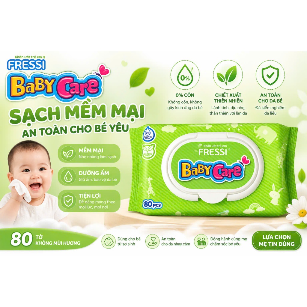 KHĂN ƯỚT EM BÉ FRESSI CARE BABY  - GÓI 80 MIẾNG - AN TOÀN CHO DA NHẠY CẢM