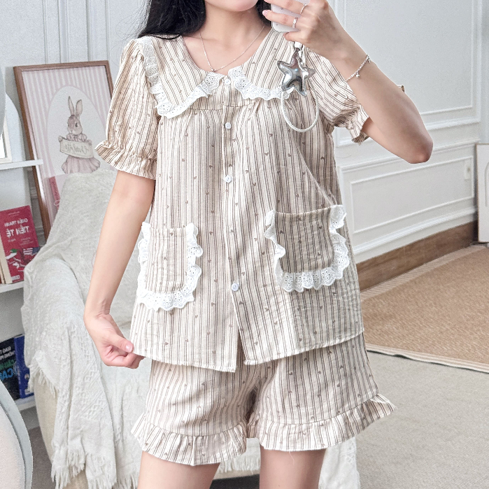 Bộ Đồ Ngủ Nữ Cổ Sen Dễ Thương Tay Ngắn Quần Short Mặn Nhà Thoải Mái Có Cả Bigsize - PONA