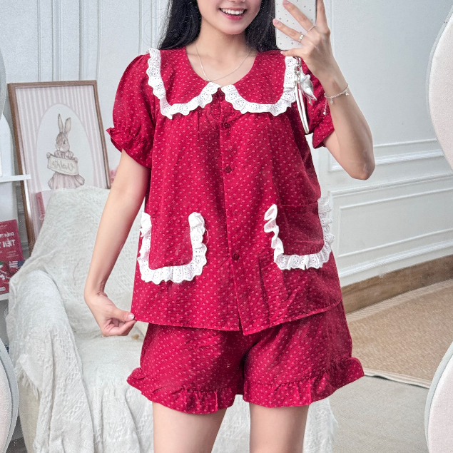 Bộ Đồ Ngủ Nữ Cổ Sen Dễ Thương Tay Ngắn Quần Short Mặn Nhà Thoải Mái Có Cả Bigsize - PONA