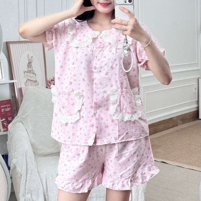 Bộ Đồ Ngủ Nữ Cổ Sen Dễ Thương Tay Ngắn Quần Short Mặn Nhà Thoải Mái Có Cả Bigsize - PONA