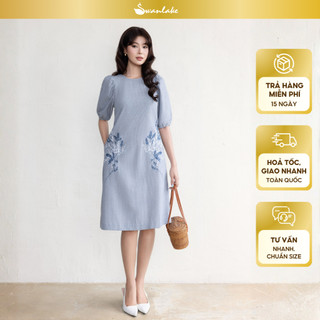 SWANLAKE | Váy Đầm Nữ Midi Suông Vải Cotton Sọc Thêu Hoa Cổ Tròn Tay Lỡ Có Túi Dạo Phố Hè D13675