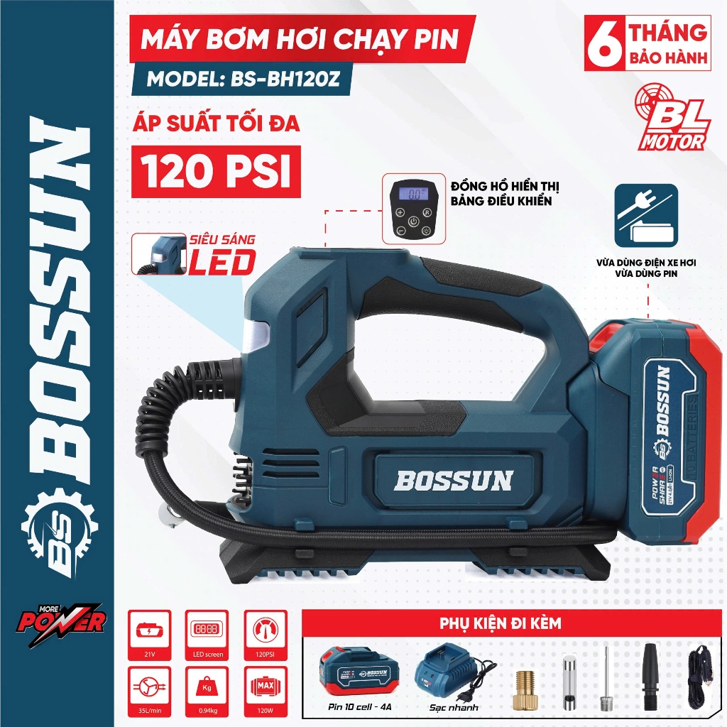 Máy Bơm Hơi Mini BOSSUN BS-BH120Z Pin 21V – 120 PSI – Màn Hình LED – Bơm Nhanh 35L/Phút – Dùng Pin & Cắm Điện
