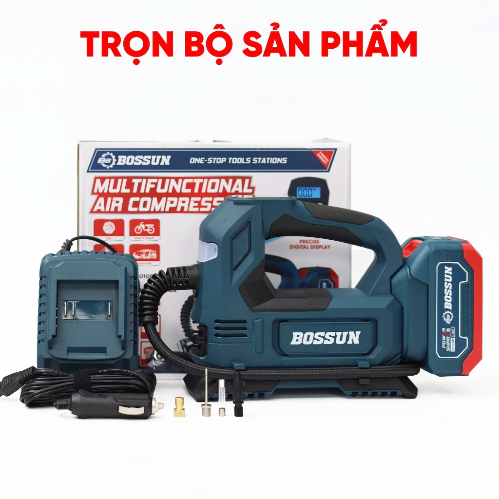 Máy Bơm Hơi Mini BOSSUN BS-BH120Z Pin 21V – 120 PSI – Màn Hình LED – Bơm Nhanh 35L/Phút – Dùng Pin & Cắm Điện