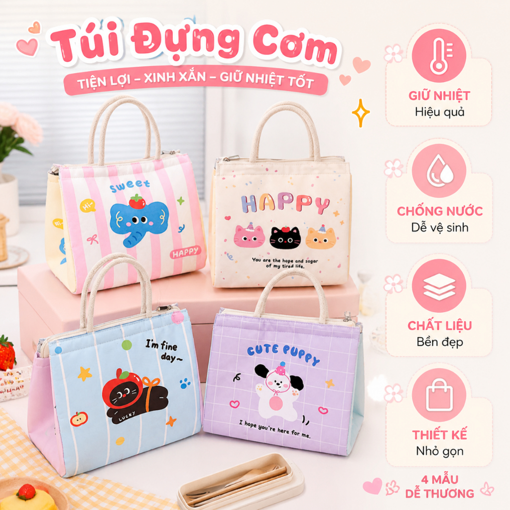 Túi Đựng Cơm Giữ Nhiệt Canvas Dễ Thương Có Quai Xách, Túi Đựng Cơm Văn Phòng, Đi Học, Picnic
