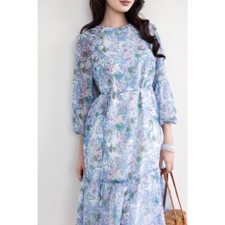 SWANLAKE | Váy Đầm Nữ Maxi Suông 2 Lớp Cổ Tròn Tay Dài Dây Thắt Eo Vải Tơ In Hoa Đi Biển Hè D13653