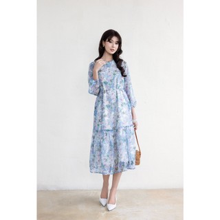 SWANLAKE | Váy Đầm Nữ Maxi Suông 2 Lớp Cổ Tròn Tay Dài Dây Thắt Eo Vải Tơ In Hoa Đi Biển Hè D13653