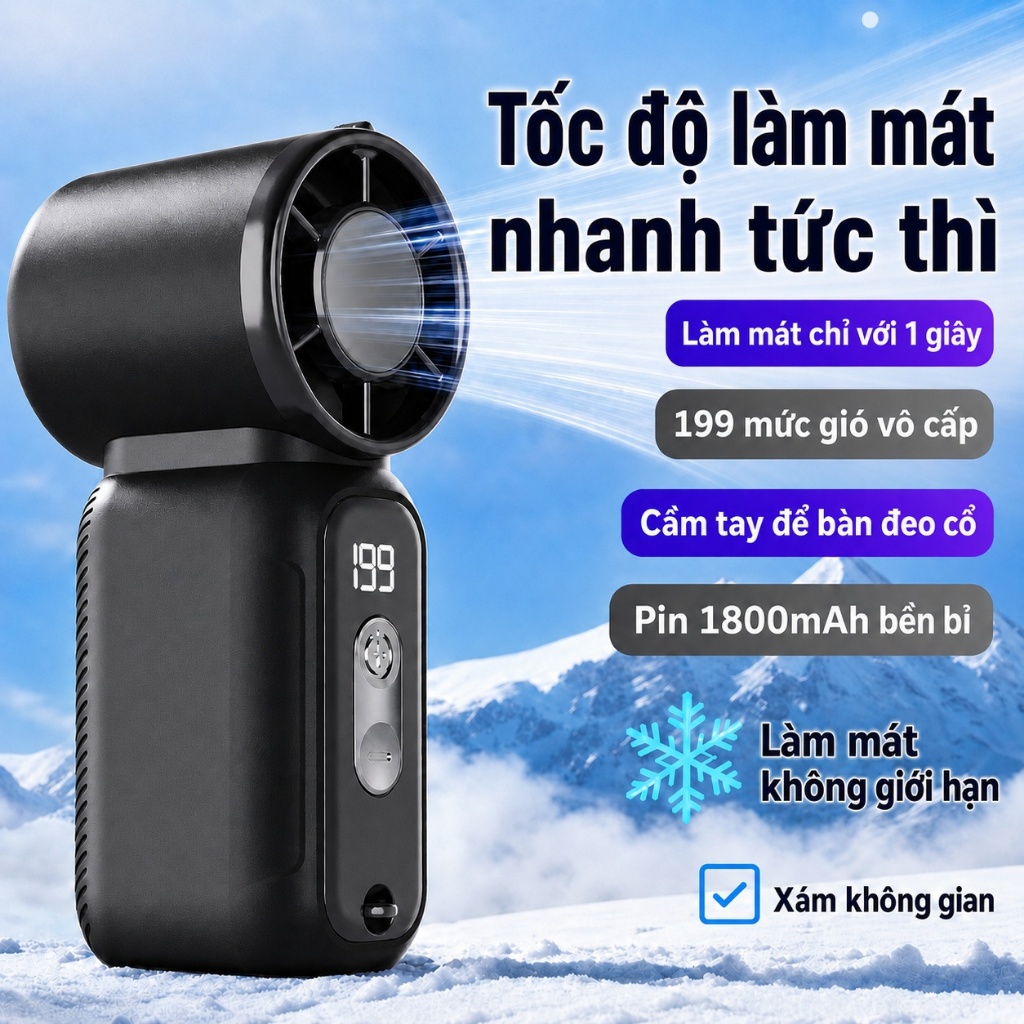 Quạt Mini Cầm Tay 199 Mức Gió Làm Mát Nhanh Tức Thì, Màn Hình Hiển Thị Led, Có Đèn Pin, Tích Điện Mini