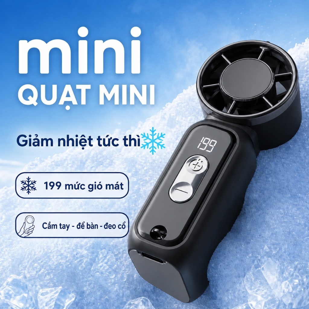 Quạt Mini Cầm Tay 199 Mức Gió Làm Mát Nhanh Tức Thì, Màn Hình Hiển Thị Led, Có Đèn Pin, Tích Điện Mini