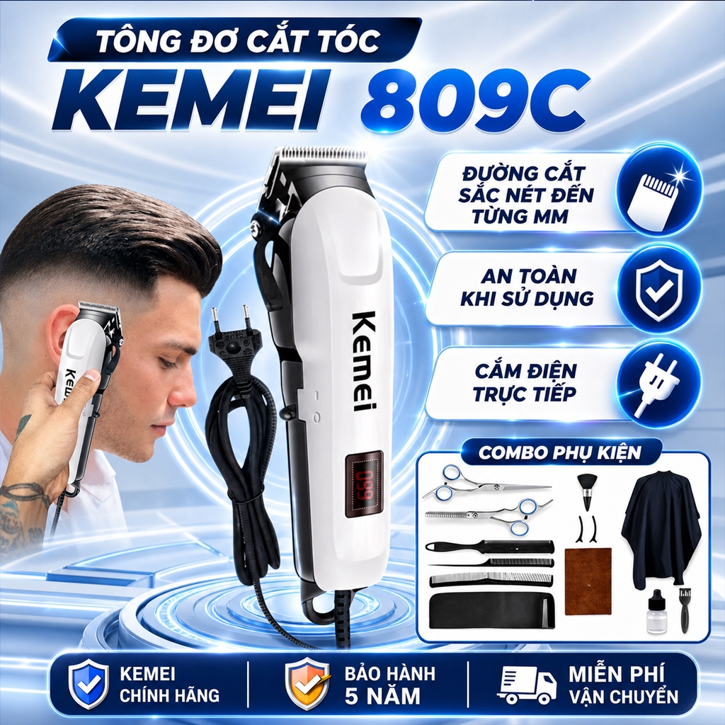 Tông Đơ Cắt Tóc Kemei 809C, Tăng Đơ Lưỡi Thép, Động Cơ Mạnh, Gọn Nhẹ Dễ Sử Dụng Cho Gia Đình