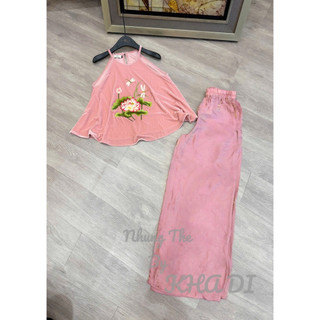 Sét áo nhung the cổ yếm thêu hoa sen & chuồn chuồn + quần xuông lụa (có bán rời)
