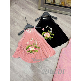 Sét áo nhung the cổ yếm thêu hoa sen & chuồn chuồn + quần xuông lụa (có bán rời)