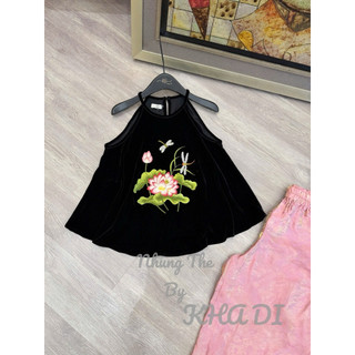 Sét áo nhung the cổ yếm thêu hoa sen & chuồn chuồn + quần xuông lụa (có bán rời)
