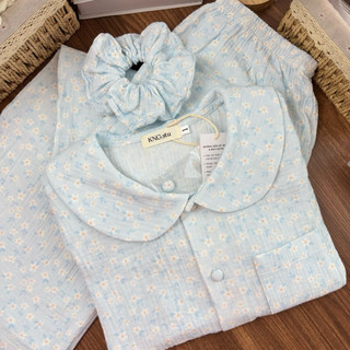 Đồ ngủ nữ tay ngắn quần dài – Pyjama vải xô muslin cổ sen họa tiết | KNG.studio (Tặng kèm dây buộc tóc scrunchies)
