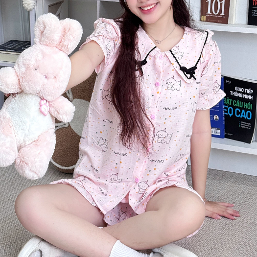 Bộ Đồ Ngủ Nữ Pijama Cổ Bèo Nơ Dễ Thương Form Rộng Mặc Nhà Thoáng Mát - PONA