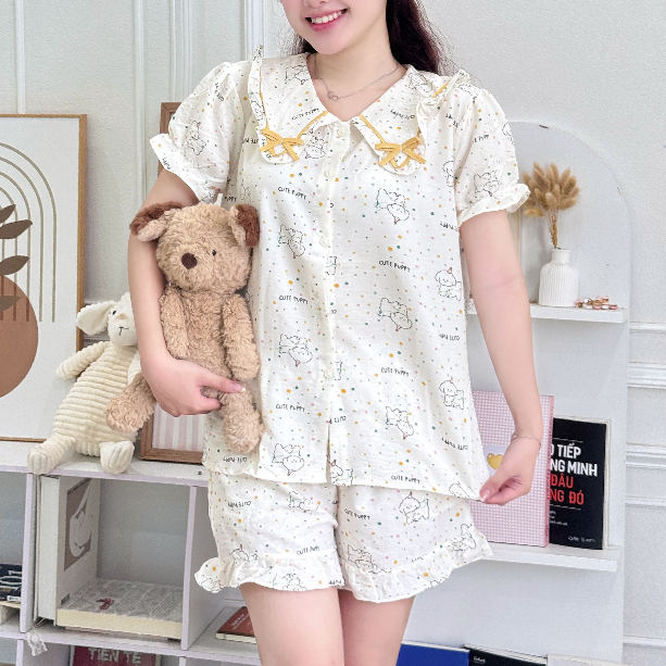 Bộ Đồ Ngủ Nữ Pijama Cổ Bèo Nơ Dễ Thương Form Rộng Mặc Nhà Thoáng Mát - PONA