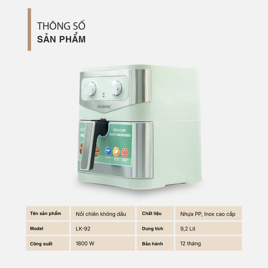 Nồi Chiên Không Dầu Lock&King 9L 1800W Rapid Air 360° Giảm 95% Dầu Mỡ Nồi Chiên Gia Đình Chính Hãng