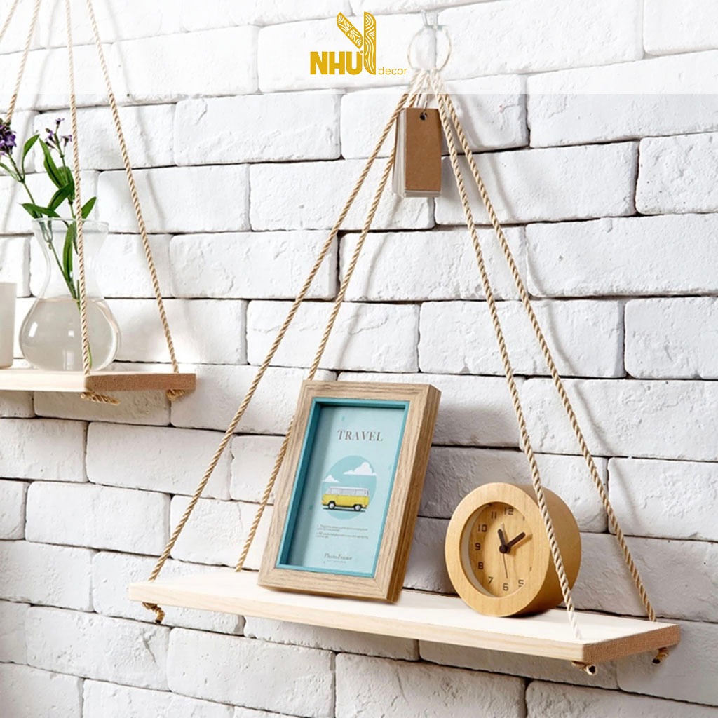 Kệ gỗ treo tường dây thừng trang trí, kệ thanh ngang để đồ tiện dụng, kệ treo tường xinh xắn