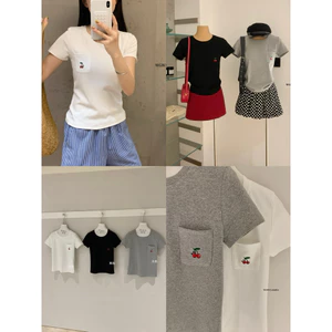 WGWE | Áo thun cotton thêu cherry túi ngực, dáng babytee phong cách Hàn – W9421#