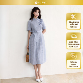 SWANLAKE | Váy Đầm Nữ Midi Vải Cotton Sọc Thêu Hoa Cổ Sơ Mi Cài Nút Tay Ngắn Dây Thắt Eo D13670