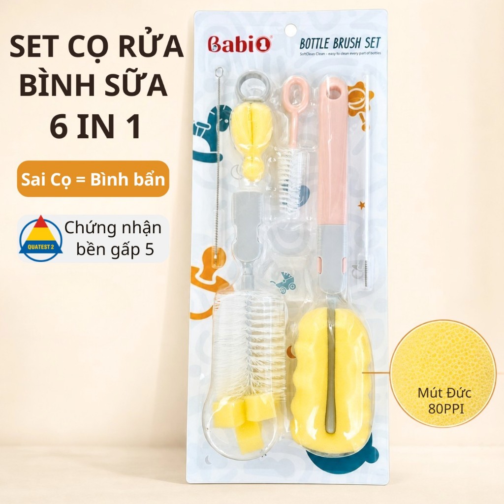 Cọ Rửa Bình Sữa Babi1 6in1 Mút 80PPI Cao Cấp - Sạch Sâu, Chống Trầy Núm Ti & Ống Hút