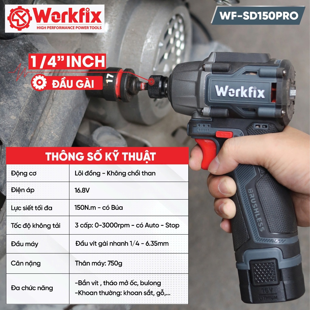 Máy Chuyên Vít Workfix WF-SD150PRO 150Nm - 100% Lõi Đồng, Động Cơ Không Chổi Than,  Bảo Hành 6 Tháng