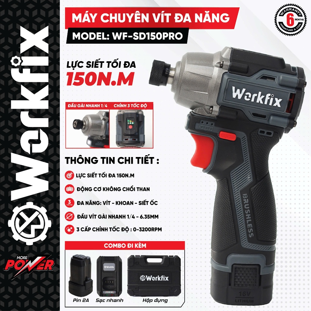 Máy Chuyên Vít Workfix WF-SD150PRO 150Nm - 100% Lõi Đồng, Động Cơ Không Chổi Than,  Bảo Hành 6 Tháng
