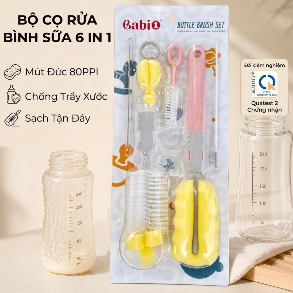 Cọ Rửa Bình Sữa Babi1 6in1 Mút 80PPI Cao Cấp - Sạch Sâu, Chống Trầy Núm Ti & Ống Hút