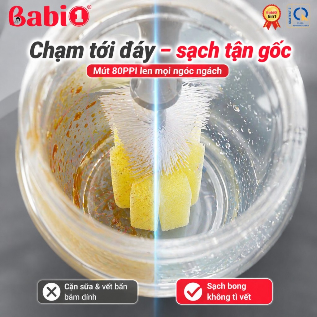 Cọ Rửa Bình Sữa Babi1 6in1 Mút 80PPI Cao Cấp - Sạch Sâu, Chống Trầy Núm Ti & Ống Hút