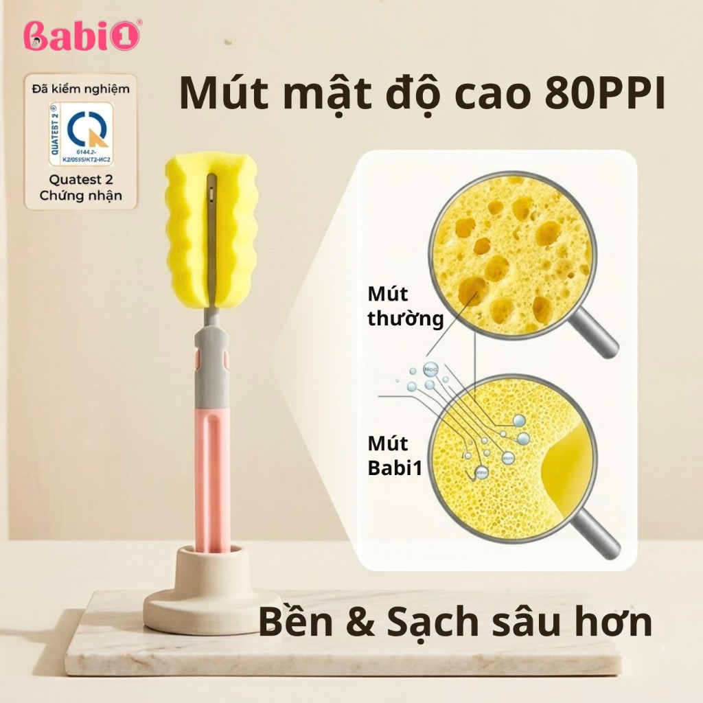Cọ Rửa Bình Sữa Babi1 6in1 Mút 80PPI Cao Cấp - Sạch Sâu, Chống Trầy Núm Ti & Ống Hút