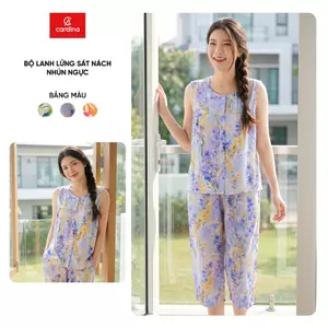 Bộ đồ mặc nhà nữ CARDINA chất liệu lanh áo sát nách nhúm ngực và quần lửng 6BLL02