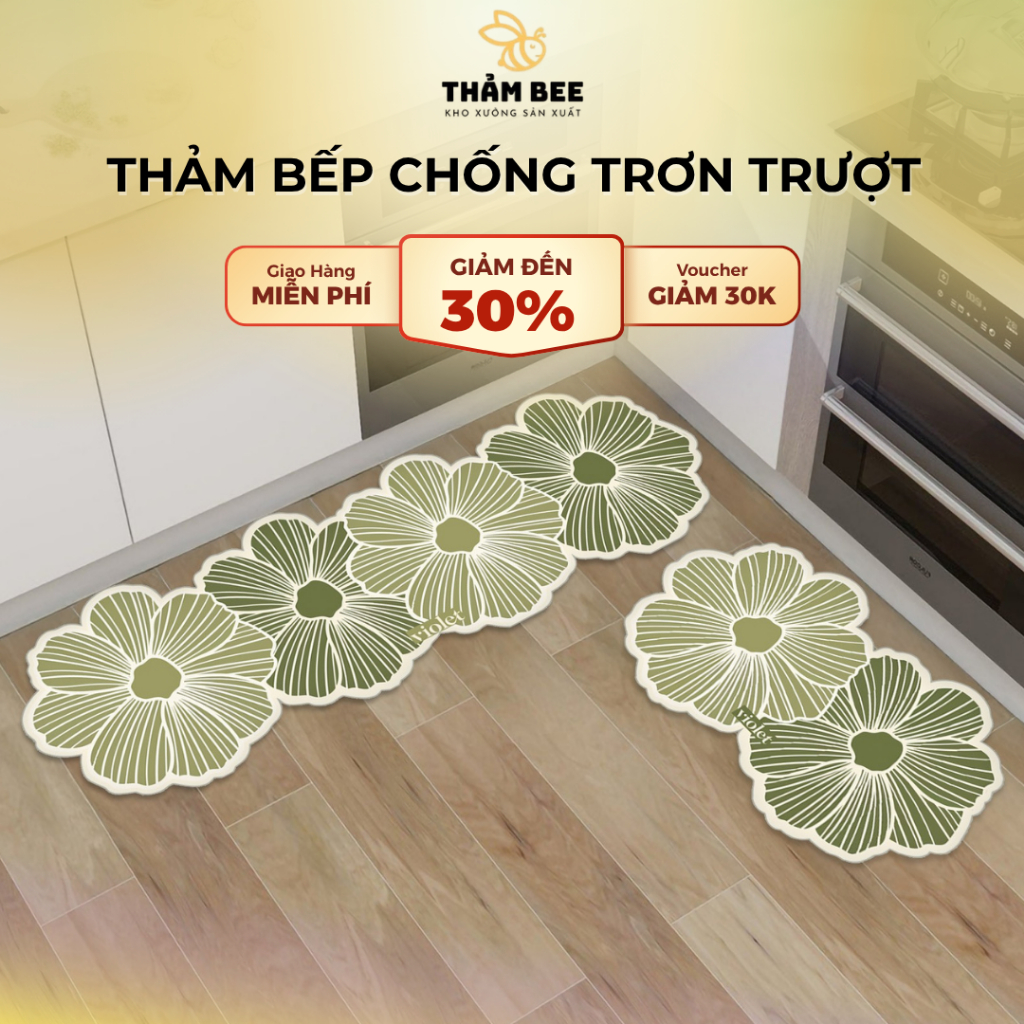 Combo 2 Thảm Lau Chân Bếp SILICON Hình In 5D Hoa Lá, Chống Trơn Trượt, Thấm Hút Nước - Thảm Bee