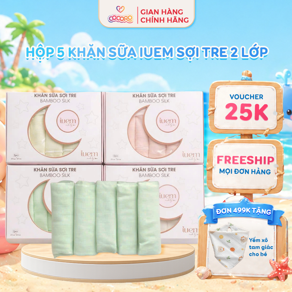 [2 Lớp] Hộp 5 Khăn Sữa Sợi Tre Iuem 2 Lớp Cho Bé - Thấm Hút Tốt, Mềm Mại, An Toàn Cho Bé - Cocoro Baby