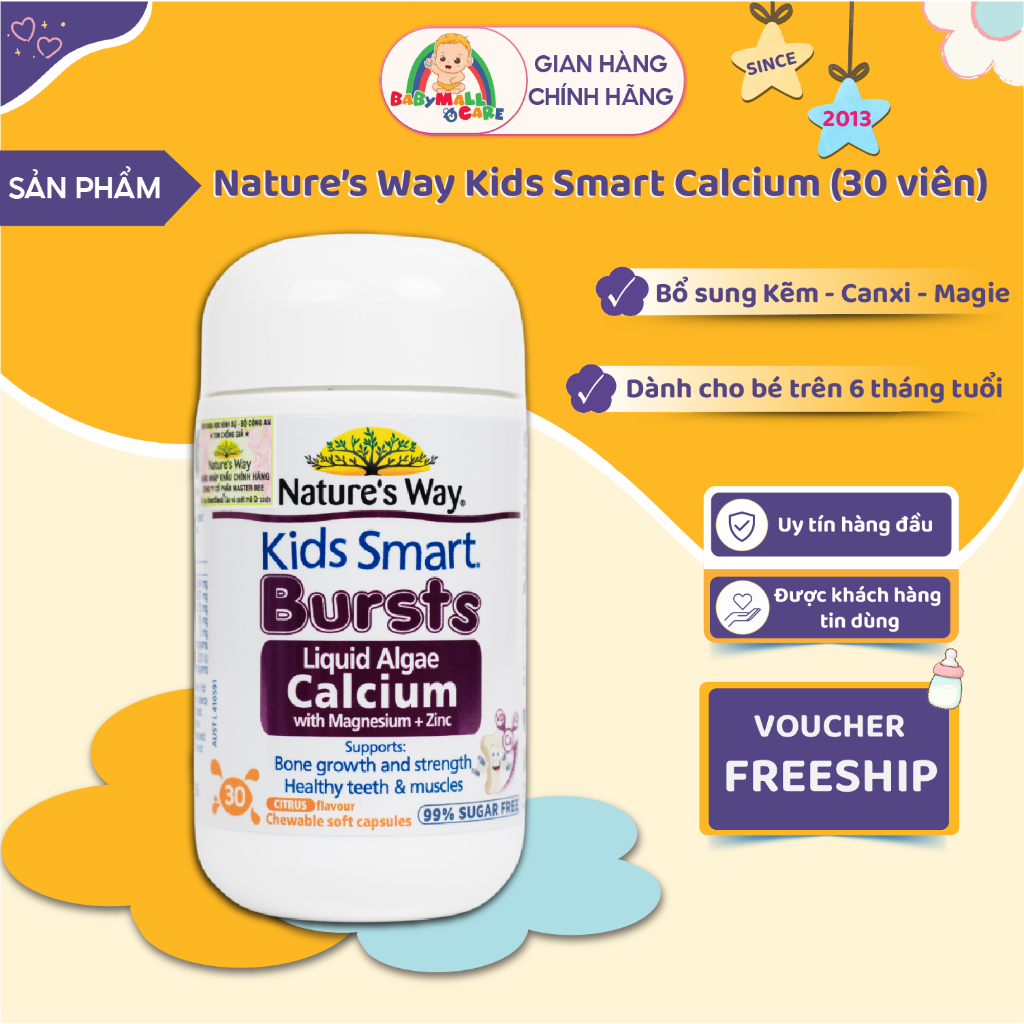 Viên Nhai Bổ Sung Canxi Tảo Biển Kids Smart Bursts Liquid Algae Calcium 30 Viên|  Babymall & Care
