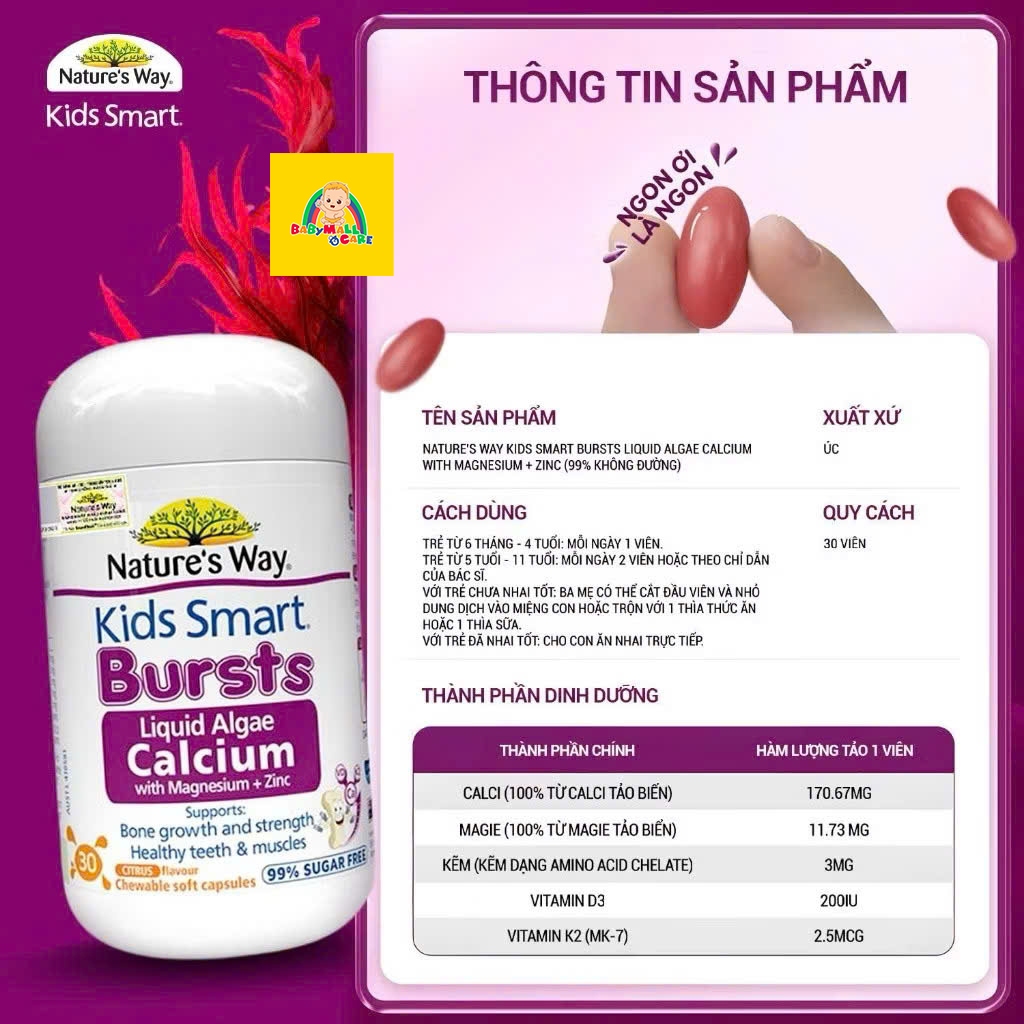 Viên Nhai Bổ Sung Canxi Tảo Biển Kids Smart Bursts Liquid Algae Calcium 30 Viên|  Babymall & Care