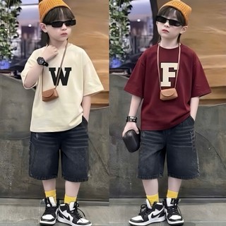 Set Bé Trai Street Style Áo Thun Chữ W F Quần Jean Cá Tính Size 17-45Kg