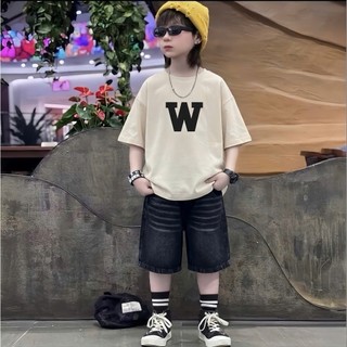 Set Bé Trai Street Style Áo Thun Chữ W F Quần Jean Cá Tính Size 17-45Kg