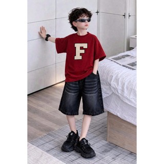 Set Bé Trai Street Style Áo Thun Chữ W F Quần Jean Cá Tính Size 17-45Kg