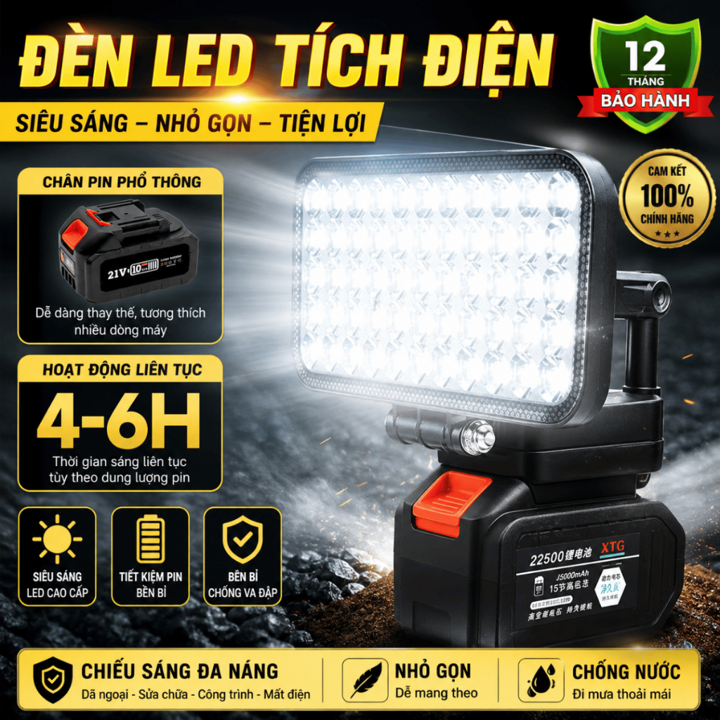 Đèn LED 55 bóng dùng chân pin phổ thông Makita, đèn led siêu sáng soi đêm, cắm trại, đi dã ngoại