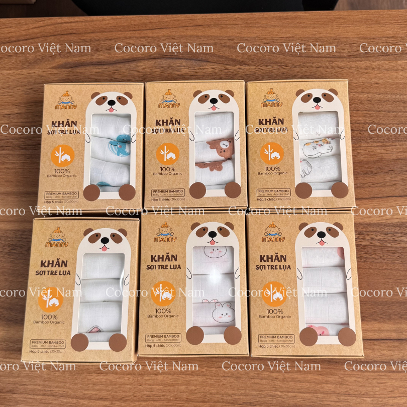 Hộp 5 Khăn Sữa Manny Sợi Tre Lụa 30x30CM - Mềm Mại, Thấm Hút Tốt Cho Bé Sơ Sinh - Cocoro Baby
