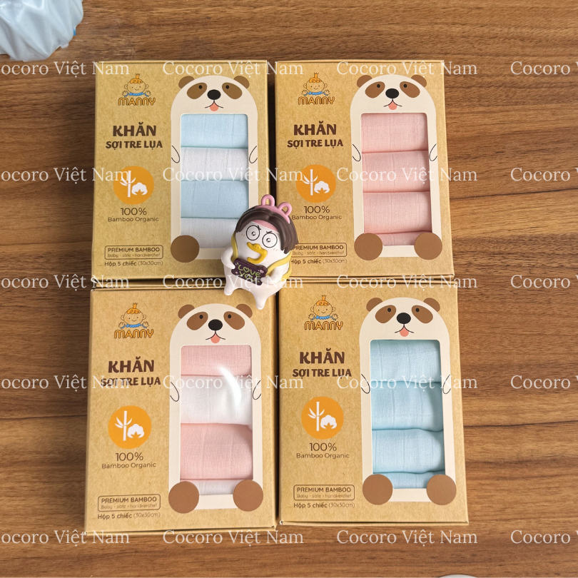 Hộp 5 Khăn Sữa Manny Sợi Tre Lụa 30x30CM - Mềm Mại, Thấm Hút Tốt Cho Bé Sơ Sinh - Cocoro Baby